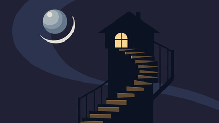 A Winding Rickety Wooden Staircase Ascends into Darkness inside a Haunted House