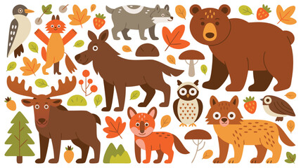 Cute Cartoon Forest Animals and Autumn Leaves Bear, Wolf, Fox, Moose and Birds Illustration