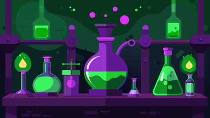 A Spooky Alchemist Laboratory is Full of Strange Glassware and Bubbling Potions