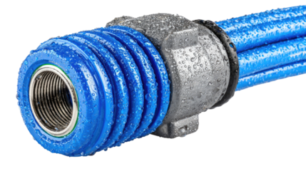 Industrial Connector: A macro shot of a metallic industrial connector, blue cables extend from the port, showcasing intricate engineering and design in a studio setting. 