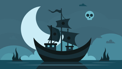 A Haunted Pirate Ship with Tattered Sails is Crewed by Ghostly Skeletons at Sea