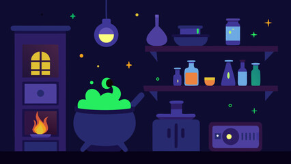 A Cozy Witch Kitchen with Shelves Filled by Glowing Potions and Magical Herbs