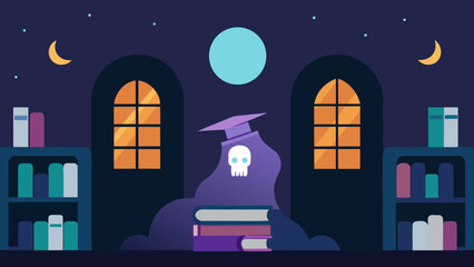 The Interior of a Haunted Library with Floating Books and Ghostly Glowing Orbs