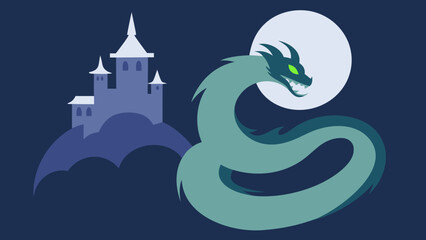 A Spectral Dragon Coils Around a Ruined Tower Made of Mist and Moonlight Graphic