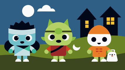 Cute Chibi Style Classic Monsters like Dracula and Wolfman Gather for Halloween