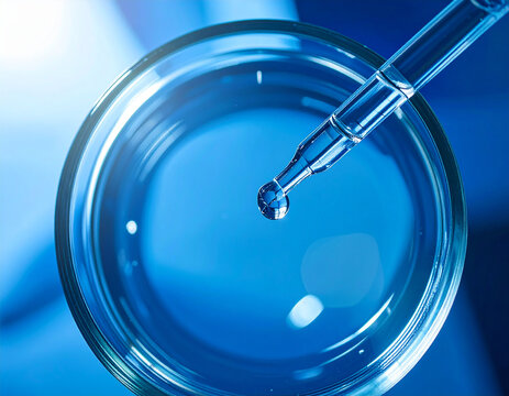 Close-up view of a clear liquid being dispensed into a petri dish using a glass pipette.