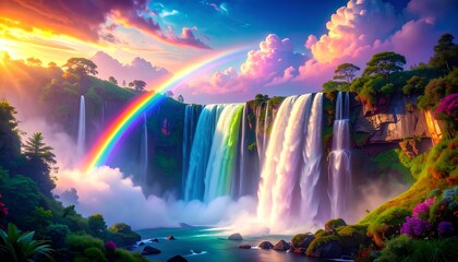 fantasy landscape of rainbow over the waterfall