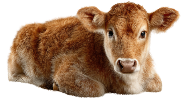 Sweet Calf Resting: A gentle and adorable brown calf rests serenely, its innocent gaze capturing hearts with its fluffy fur and peaceful pose. 