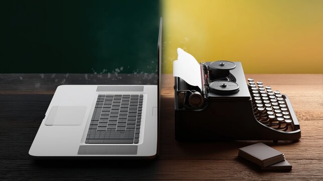 Photorealistic contrast of modern laptop and vintage typewriter on rustic wooden desk with dramatic lighting and warm vs cool color tones.