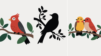 Obraz premium Cute Cartoon Birds on Branches Illustration Red, Yellow, Black Silhouettes, Leafy Background