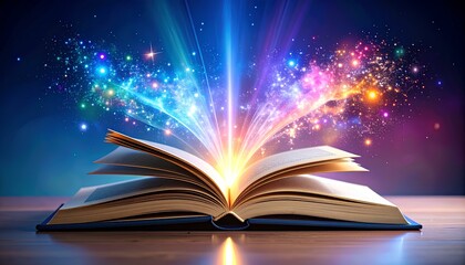 An open book with a galaxy of magic flowing from its pages, themed around dreams and imagination.