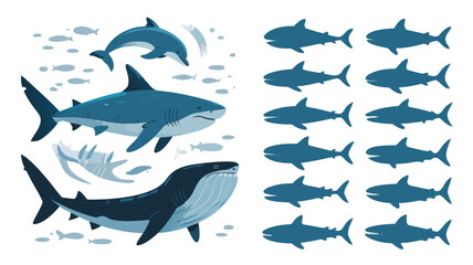 Obraz premium Cartoon Sharks, Whales, and Dolphins Illustration on a White Background Design