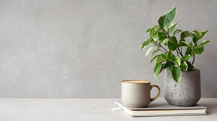 Coffee Cup and Potted Plant on Notebooks, Still Life