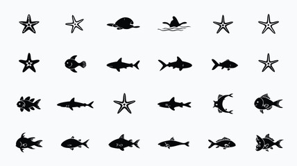 Fototapeta premium Black Silhouette Illustration of Underwater Sea Life with Starfish, Sharks, Fish, Turtle