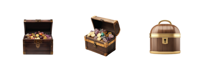 Wooden treasure chests filled with coins and jewels displayed in a row