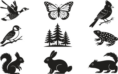 Black Silhouette Illustration of Animals and Nature Bird, Butterfly, Squirrel, Rabbit, Trees, Frog