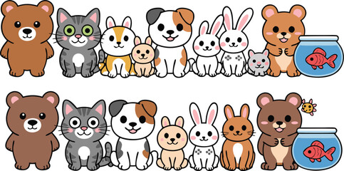 Fototapeta premium Cute Cartoon Animals Illustration Bears, Cats, Dogs, Rabbits, Mice and Goldfish in Aquariums
