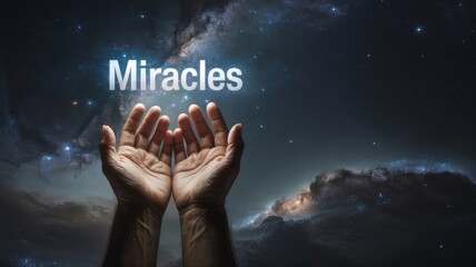 Male cupped hands emerging from wide starry night sky with glowing word MIRACLES floating above