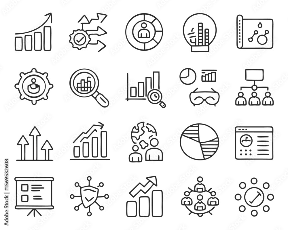 Poster comprehensive collection of business management symbols featuring growth charts strategic planning e