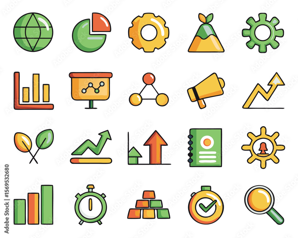 Poster comprehensive collection of business growth and management symbols featuring charts upward trends an