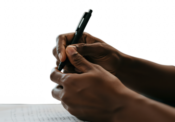 A darkskinned hand holds a black pen over a document, isolated on transparent background