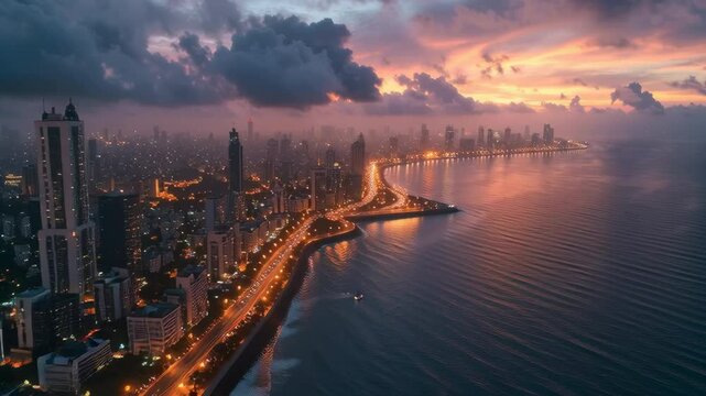 drone shot of Mumbai&rsquo;s Marine Drive at twilight with city lights reflecting in the Arabian Sea