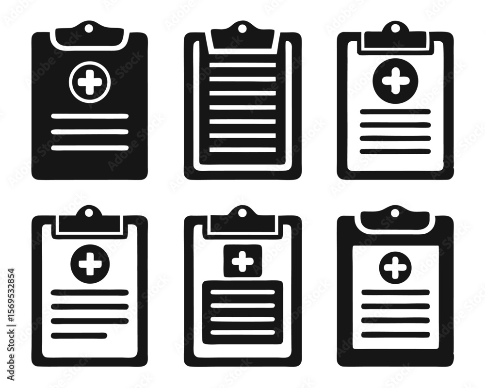 Poster clean outline graphic representing a medical document on a clipboard suitable for healthcare applica