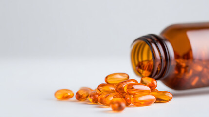 soft gels pills with omega 3 oil spilling out of pill bottle close up isolated on a white background 79887656 1