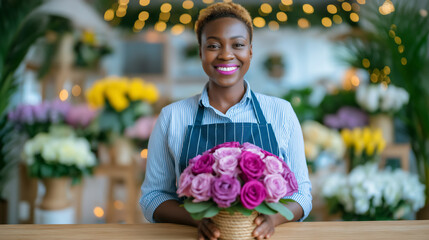 Fototapeta premium Woman looking at camera while holding beautiful bouquet of pink roses. Bright flower shop filled with colorful blooms creates inviting atmosphere