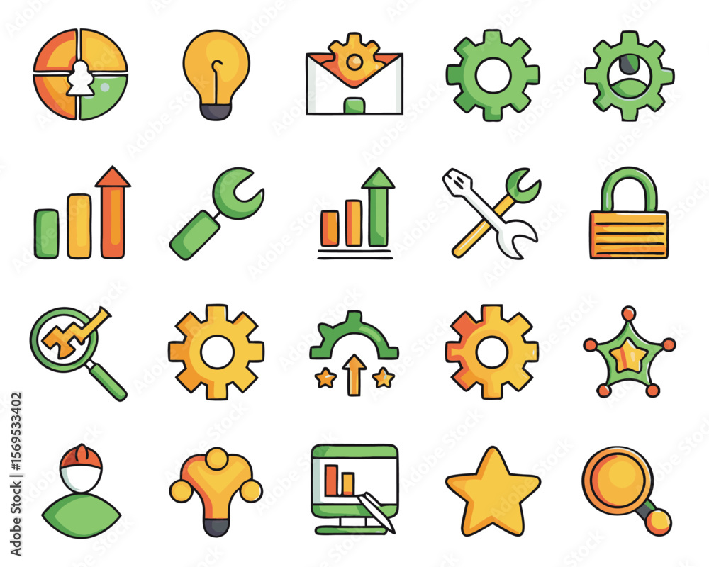 Poster comprehensive collection of thirty distinct graphic elements focused on enhancing efficiency and str