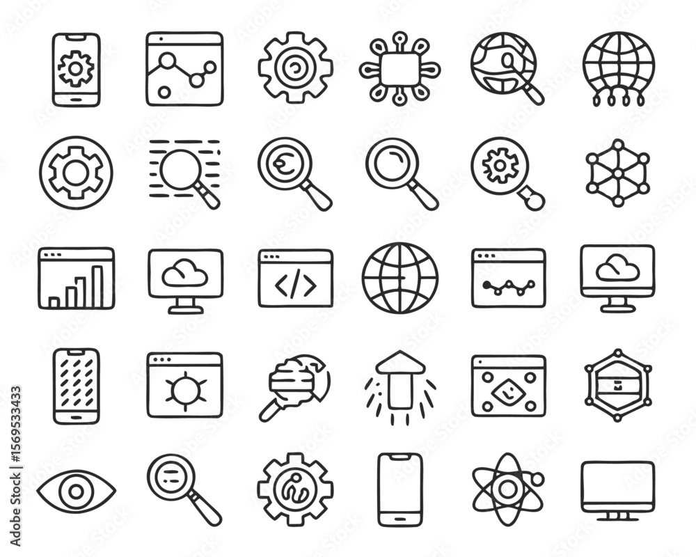 Poster comprehensive collection of thirty distinct minimalist line art symbols focused on enhancing efficie