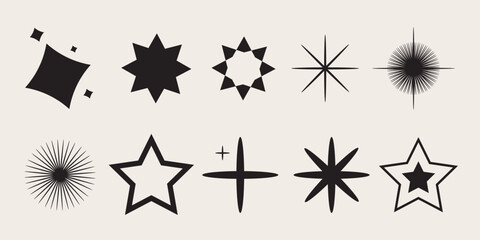 Retro futuristic sparkle icons collection. Set of star shapes. Abstract cool shine effect sign vector design.