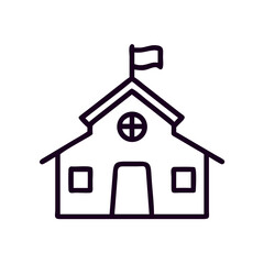 School building icon with flag in outline style  