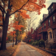 An aesthetic autumn street lined with old brick houses.