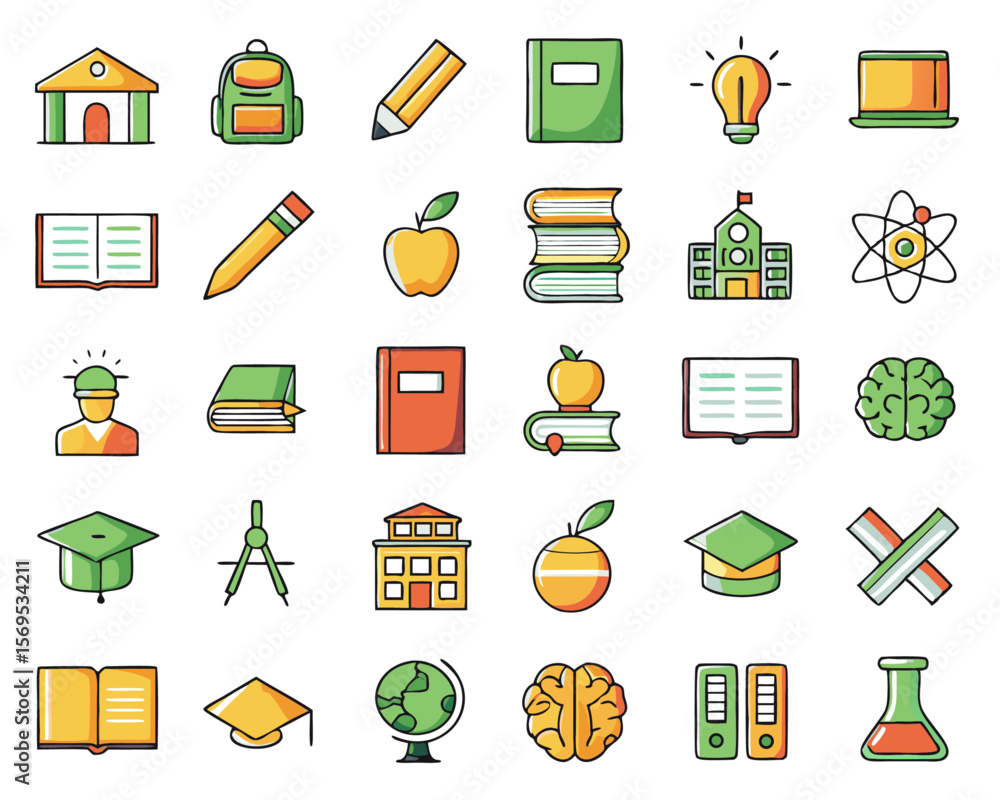 Aufkleber comprehensive collection of forty distinct educational and learning themed graphical elements presen