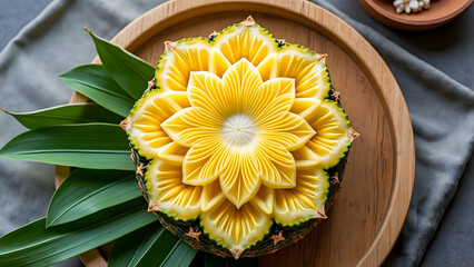 Beautifully detailed traditional Thai fruit carving on pineapple with intricate floral patterns, displayed on wooden tray with green leaves