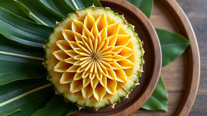 Beautifully carved pineapple with intricate floral patterns sits on green leaves and wooden plates, showcasing traditional fruit art