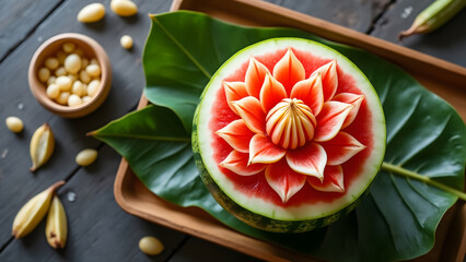 Beautifully carved watermelon with intricate floral design placed on green leaves and wooden tray, showcasing traditional fruit carving art
