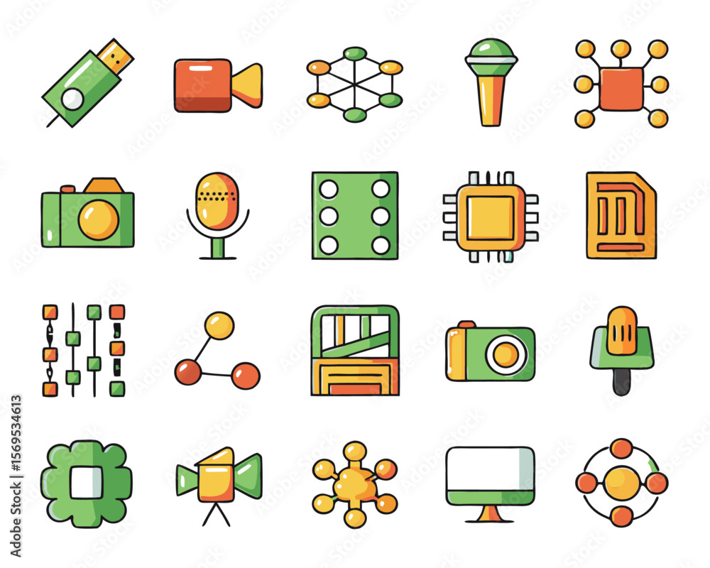 Poster comprehensive collection of stylized symbols representing artificial intelligence creation of visual