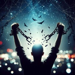 Silhouette of human hands raised with broken chains against blurred night background