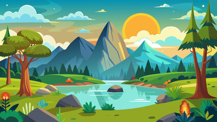 Vibrant cartoon landscape with mountains lake trees and a setting sun