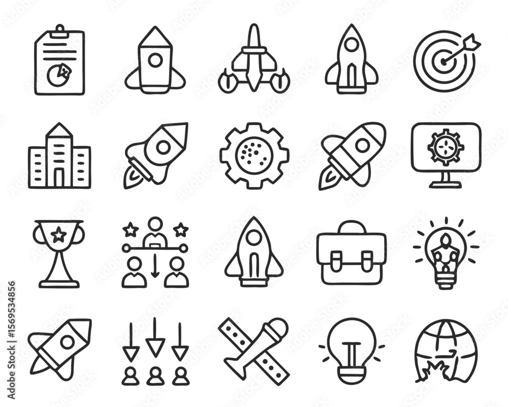 Poster clean and modern collection of simple line graphics representing business growth new ventures and en