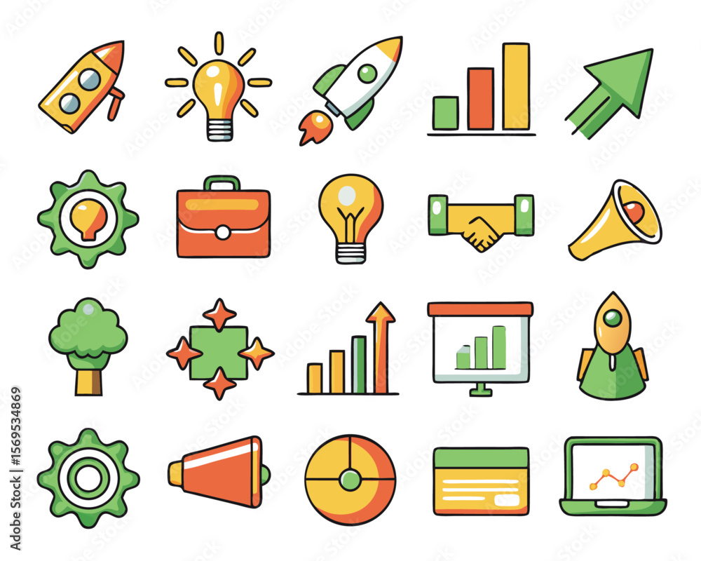 Poster collection of minimalist line graphics representing business concepts such as launching new ventures