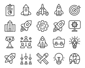 Clean and modern collection of simple line graphics representing business growth new ventures and entrepreneurial endeavors with essential startup elements