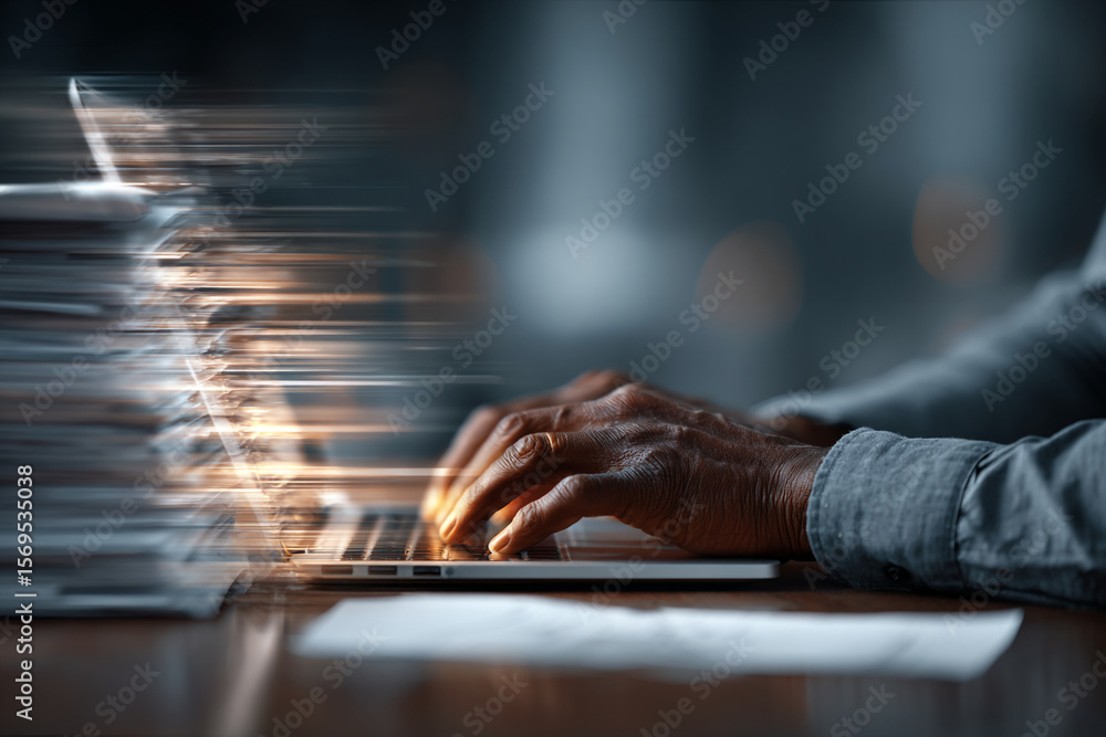 Poster man typing rapidly on a laptop with motion blur effect in the background