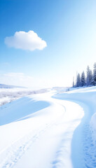 Obraz premium Peaceful Winter Landscape with Snow Trails and a Single Cloud in Blue Sky