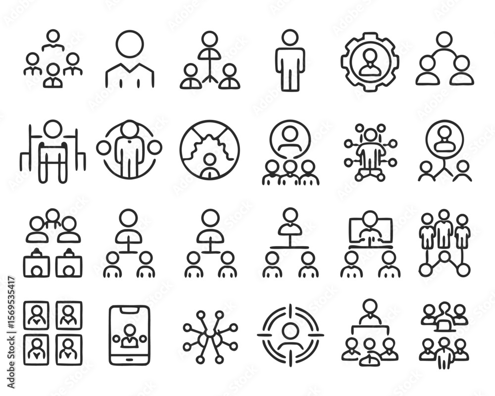 Poster comprehensive collection of professional line art symbols representing teamwork business operations 