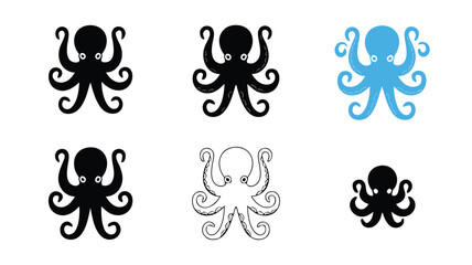 Assortment of Cute Cartoon Octopus Graphics in Black, Blue, and Outline Styles on White