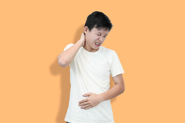 This image depicts a young Asian man experiencing pain