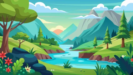 Fototapete Rund Vibrant cartoon landscape with a winding river flowing through green hills and majestic mountains © SSCP DESIGN